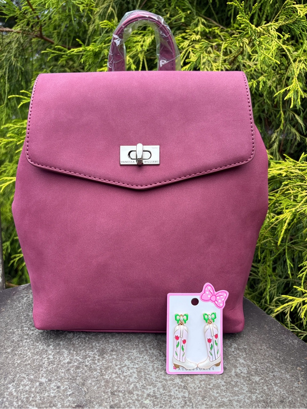 Vanessa Williams Merlot Mini Backpack NWT + Floral Boot Earrings